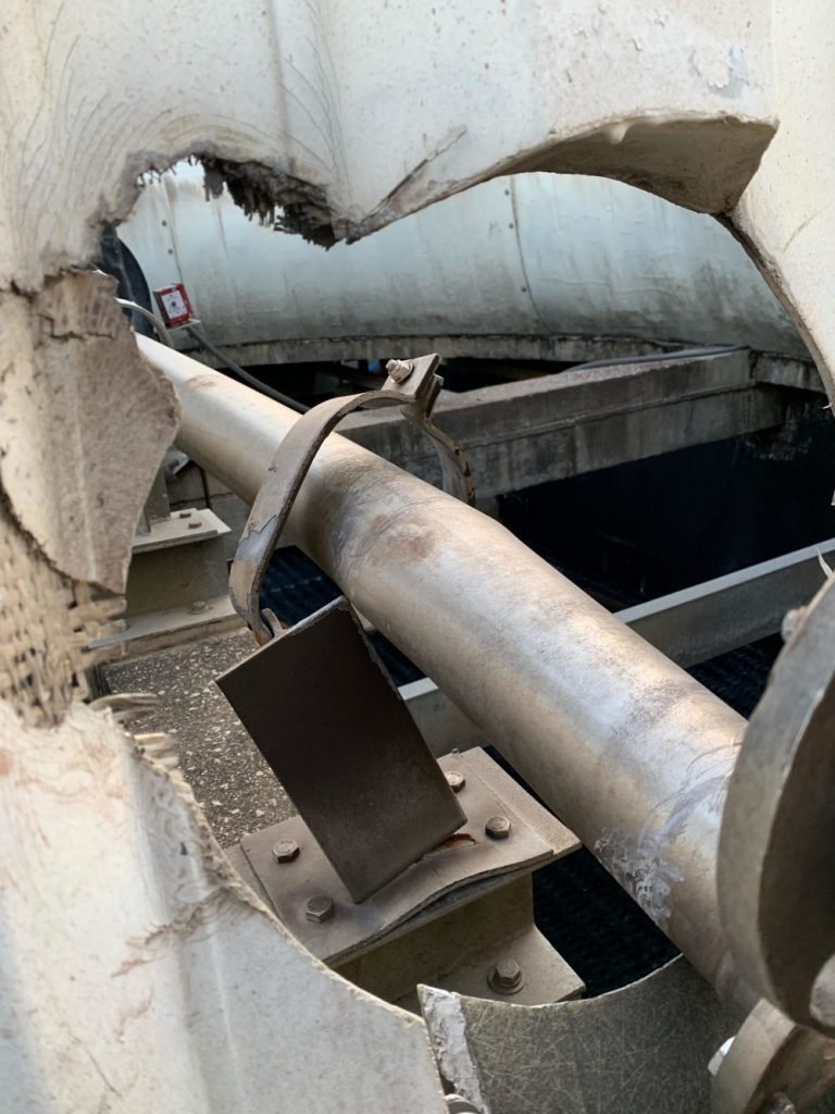 another view of a broken cooling tower shaft at the Dallas convention center
